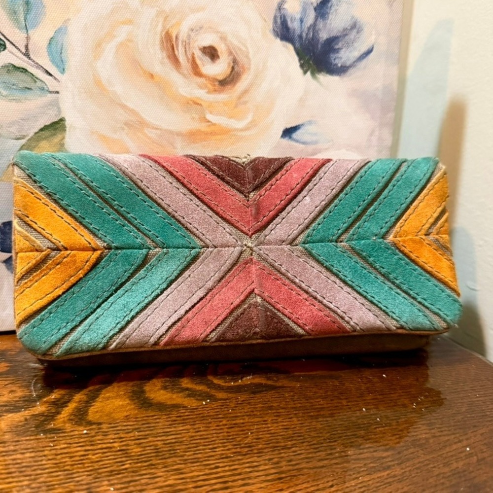 Fossil Patchwork Clutch Wallet Womens OS Multi Suede Leather Good Boho Chevron